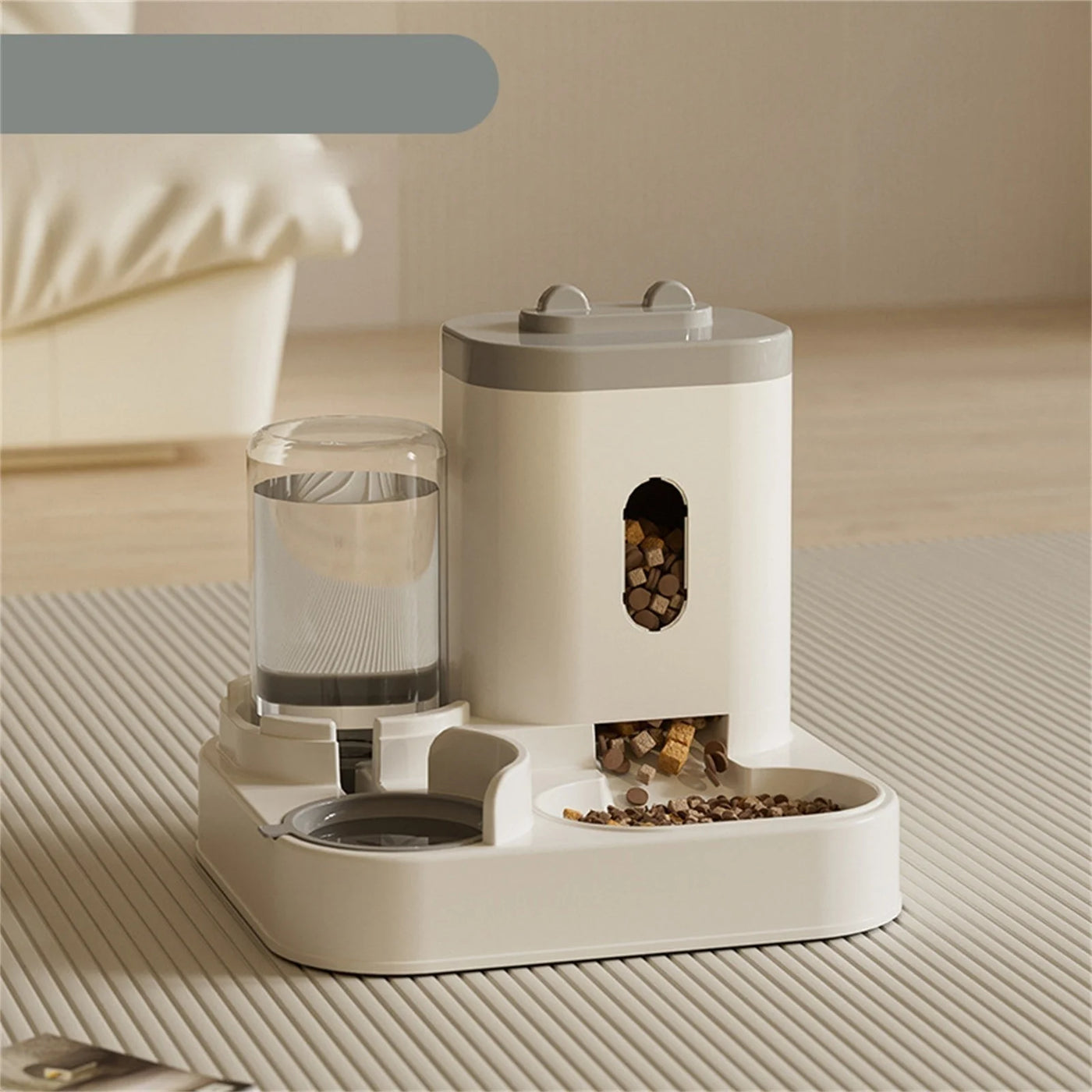 Automatic Dual Bowl Pet Feeder & Water Dispenser with Adjustable Portion Control, Leakproof Non-Slip Durable Design for Cats, Dogs, Small Pets Gray