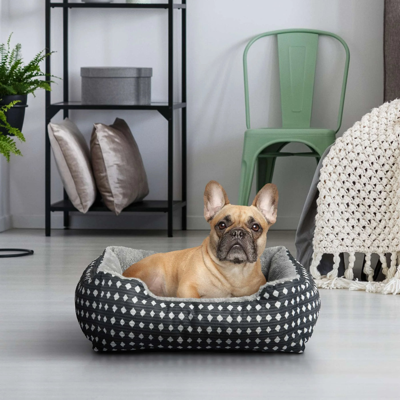 Bed for Dogs & Cats, Plush Cuddler, Portable, Machine Washable, Black & White Diamonds, 19" × 15"