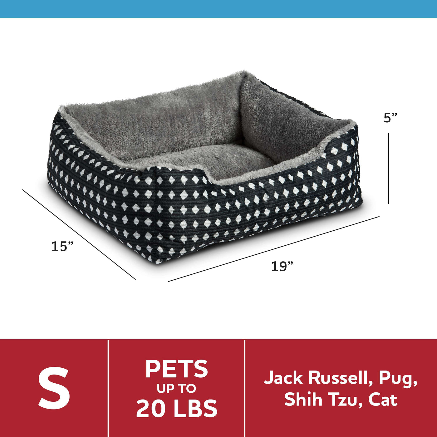 Bed for Dogs & Cats, Plush Cuddler, Portable, Machine Washable, Black & White Diamonds, 19" × 15"