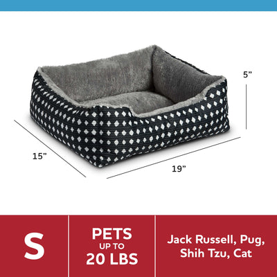Bed for Dogs & Cats, Plush Cuddler, Portable, Machine Washable, Black & White Diamonds, 19" × 15"