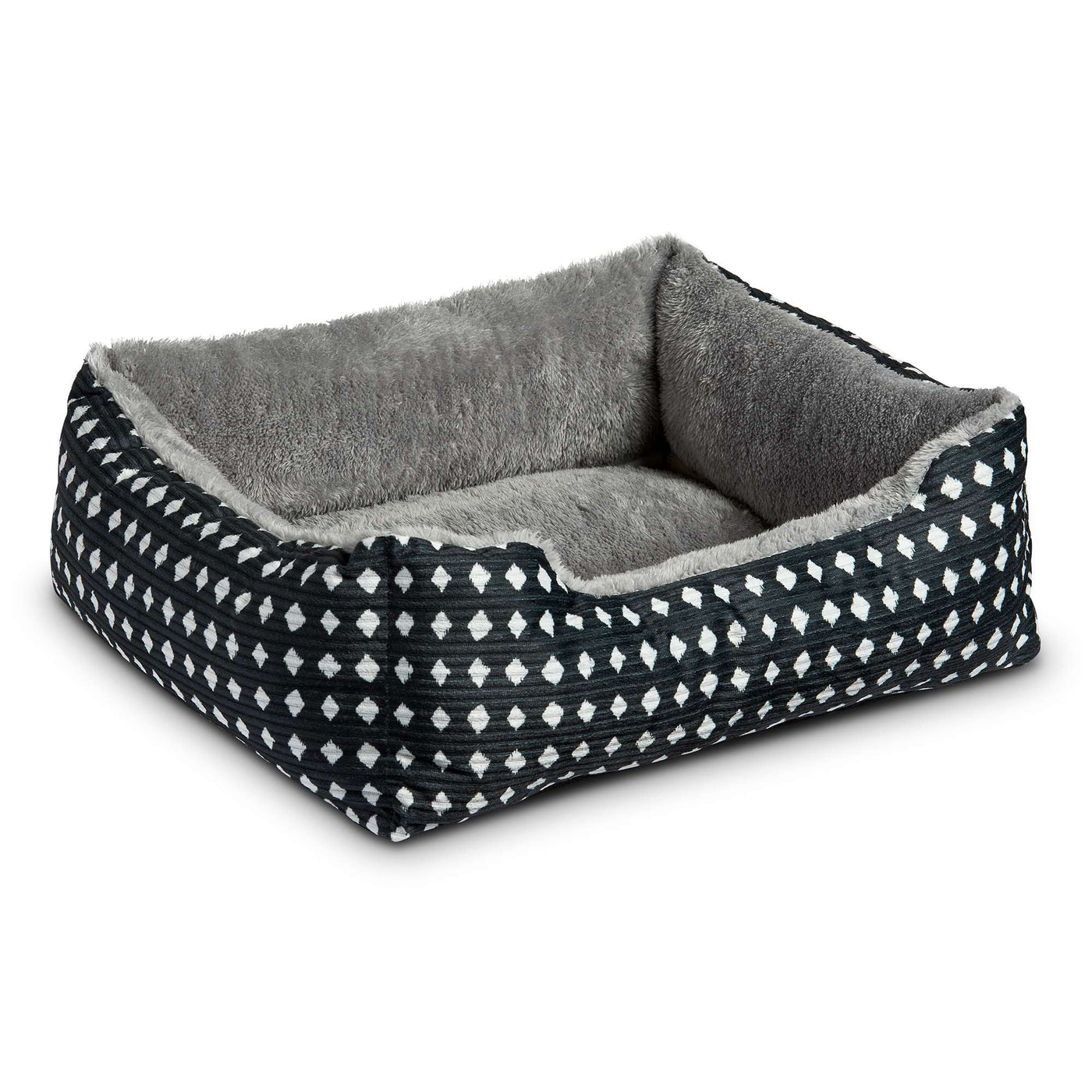 Bed for Dogs & Cats, Plush Cuddler, Portable, Machine Washable, Black & White Diamonds, 19" × 15"