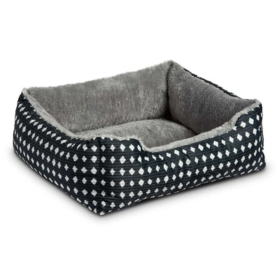 Bed for Dogs & Cats, Plush Cuddler, Portable, Machine Washable, Black & White Diamonds, 19" × 15"