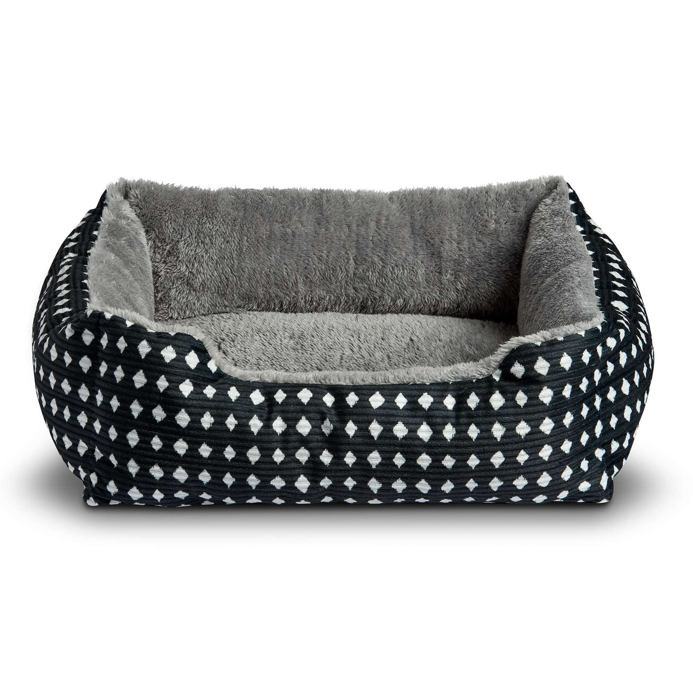 Bed for Dogs & Cats, Plush Cuddler, Portable, Machine Washable, Black & White Diamonds, 19" × 15"